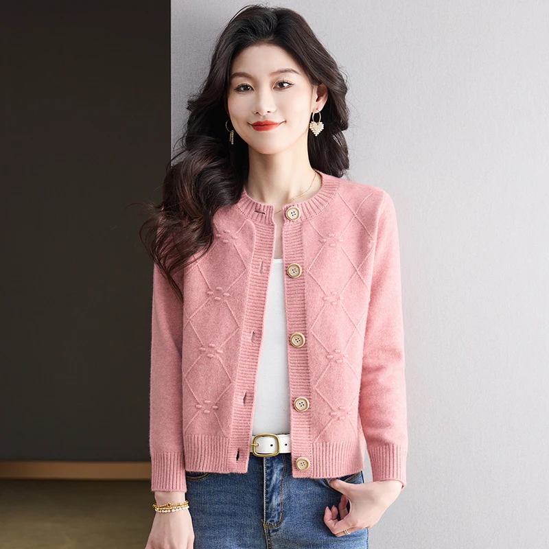 纯色圆领开衫宽松外套女2025春秋百搭爆款新款薄洋气长袖针织衫