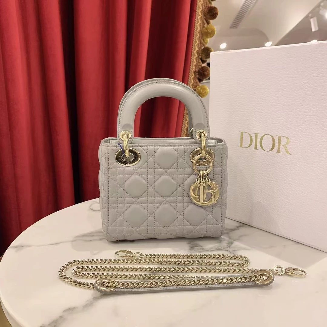 95新 DIOR/迪奥 GGS迪奥戴妃三格灰色金扣羊皮芯片款/99382743