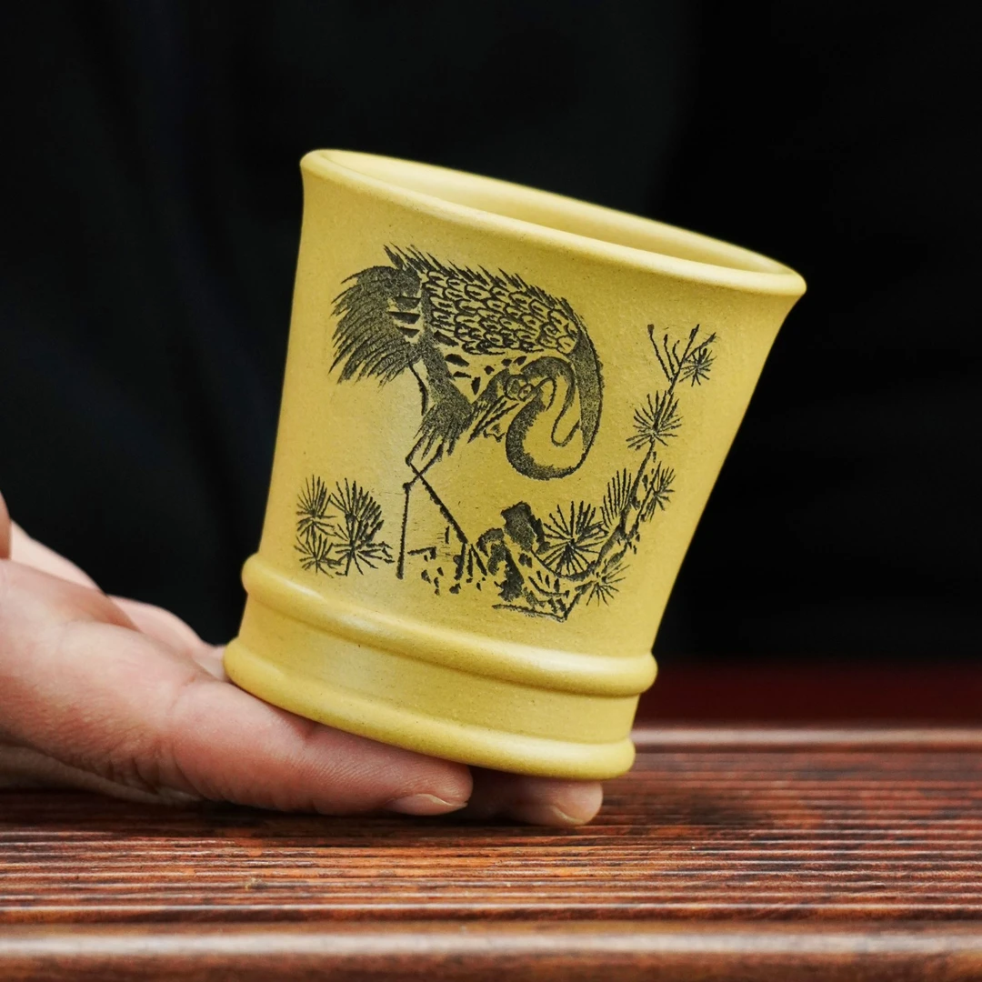 当代 1633宜兴紫砂段泥本绿全手工刻绘仙鹤自在主人杯竹节高端