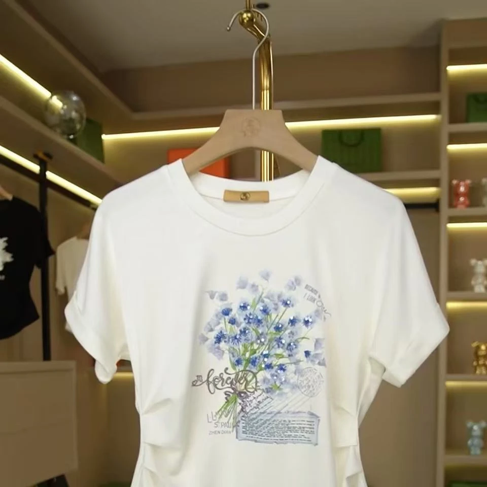 香港素甸新款花束刺绣气质短袖T恤Q25BT2162