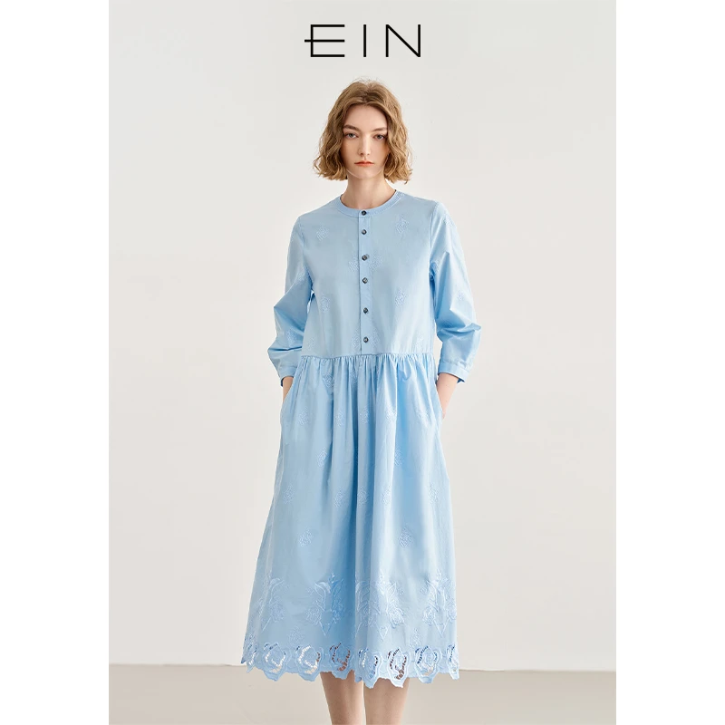 EIN/言清新浪漫雕孔玫瑰绣花圆领长袖纯棉文艺连衣裙2025早春新款