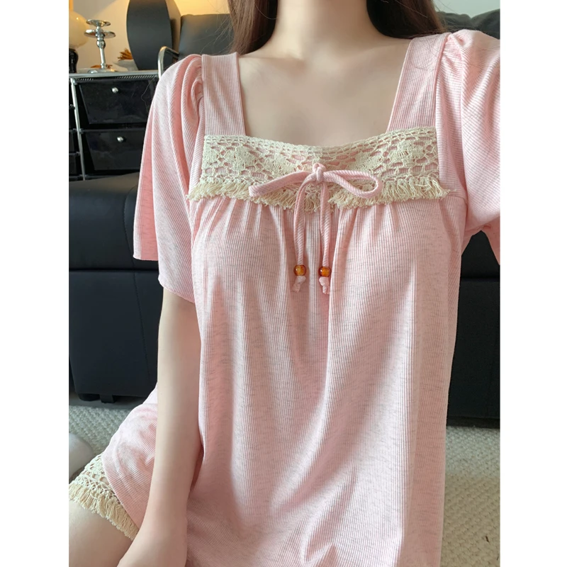 甜美公主风睡衣女带胸垫夏季莫代尔薄款短袖短裤两件套装家居服