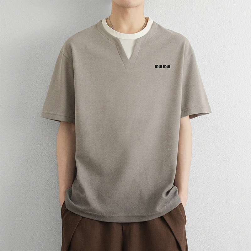 渐层色男士T恤短袖夏季新款渐层色剪刀领冰丝V领假两件半袖T恤衫