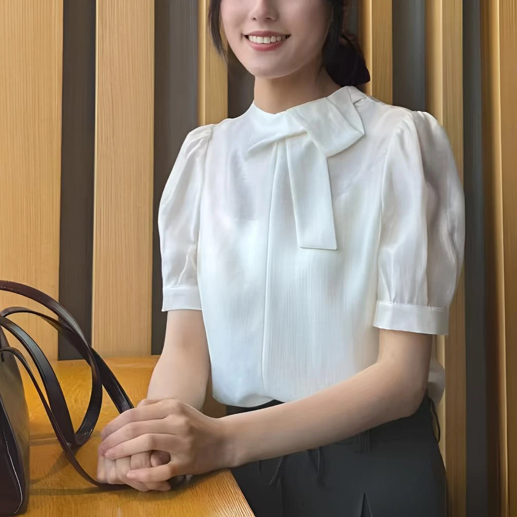 迪家同款设计感圆领飘带短袖衬衫Y266671