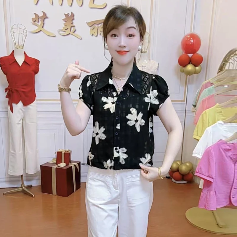 设计感减龄短袖衬衫女士2025年夏季新款时尚气质显瘦蕾丝拼接上衣