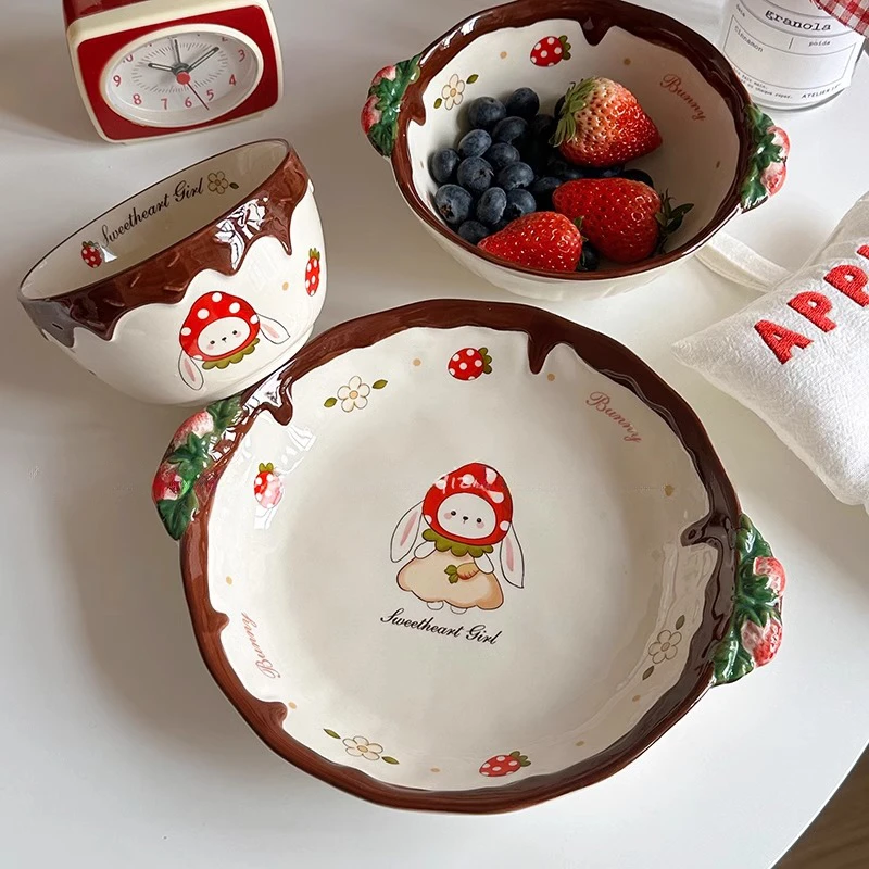 复古草莓兔子陶瓷马克杯米饭碗汤面沙拉碗菜盘早餐盘深盘釉下餐具