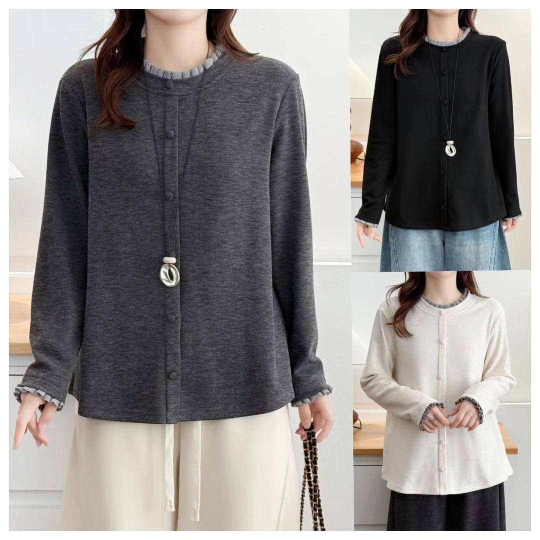 秋冬新款女士大码木耳花边领宽松型拼接长袖针织复古休闲打底衫