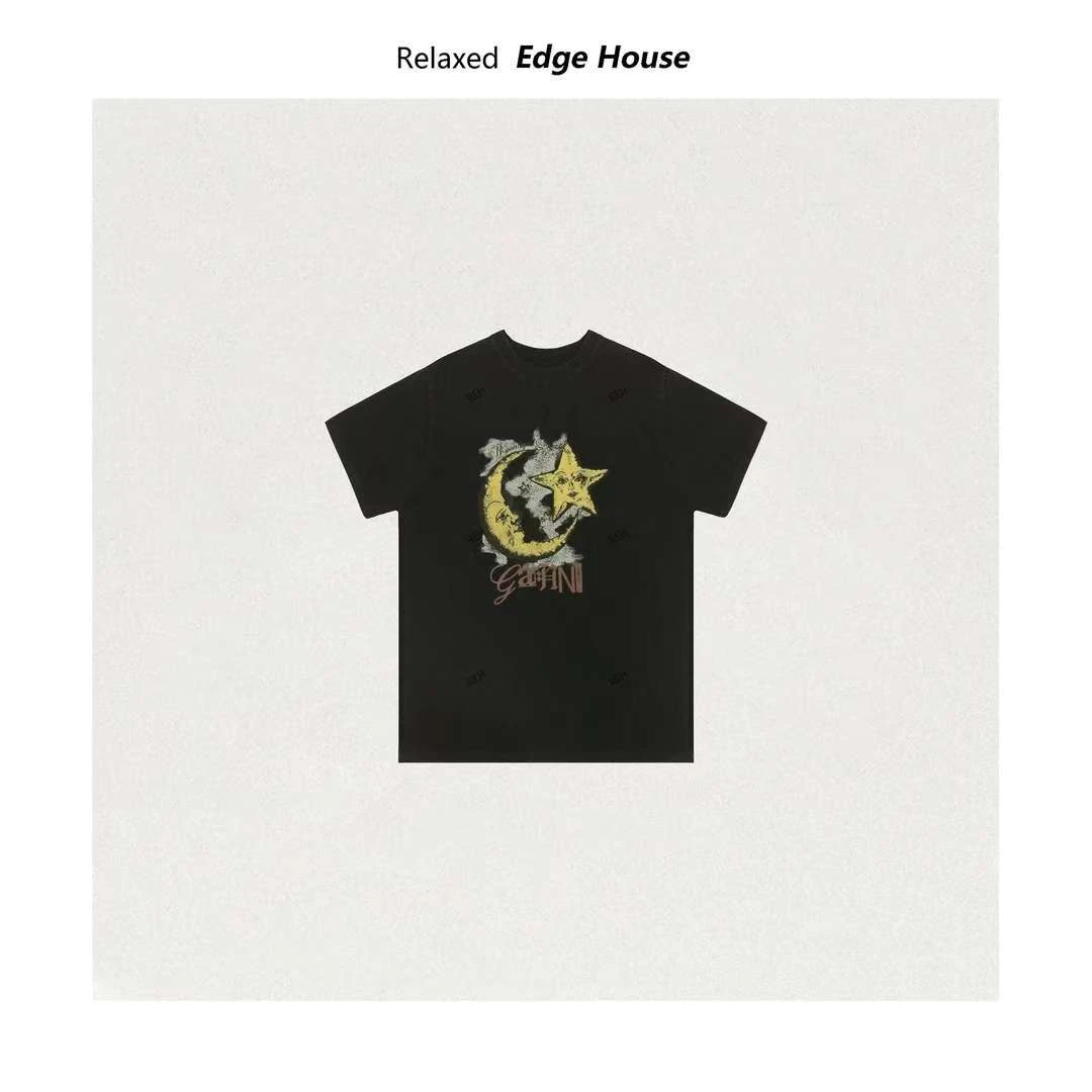 【嘻嘻家】星星靠月亮  重工沙洗做旧百搭宽松短袖T恤圆领男女同款