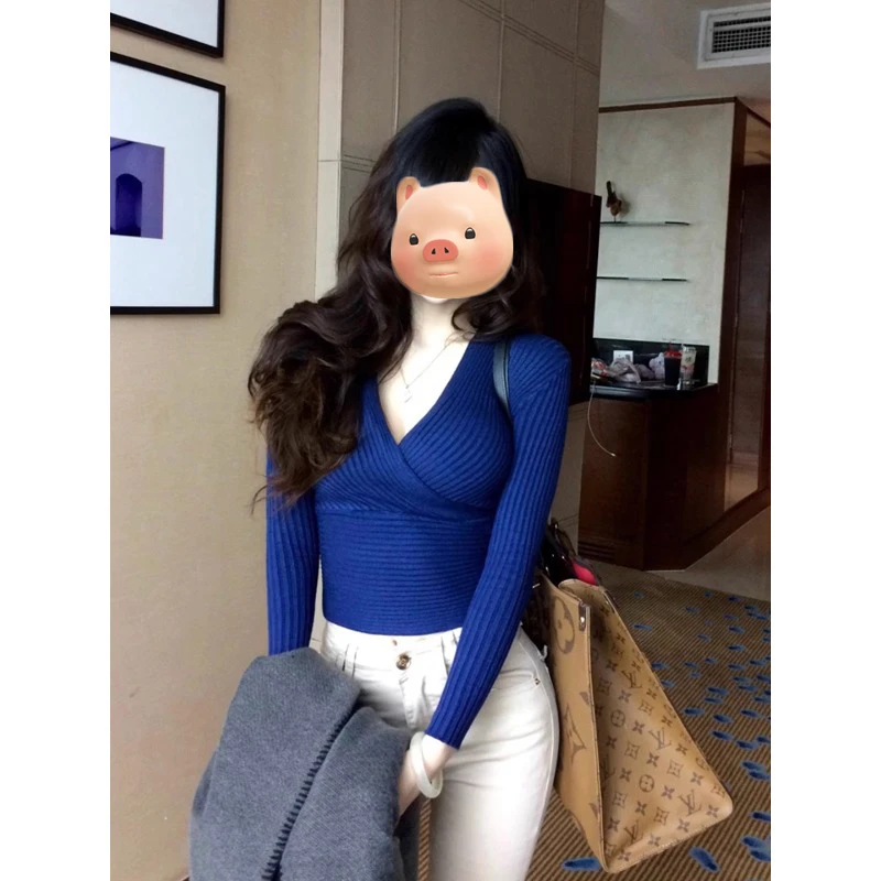 蓝色V领交叉长袖针织打底衫女秋冬修身内搭短款独特漂亮早秋上衣