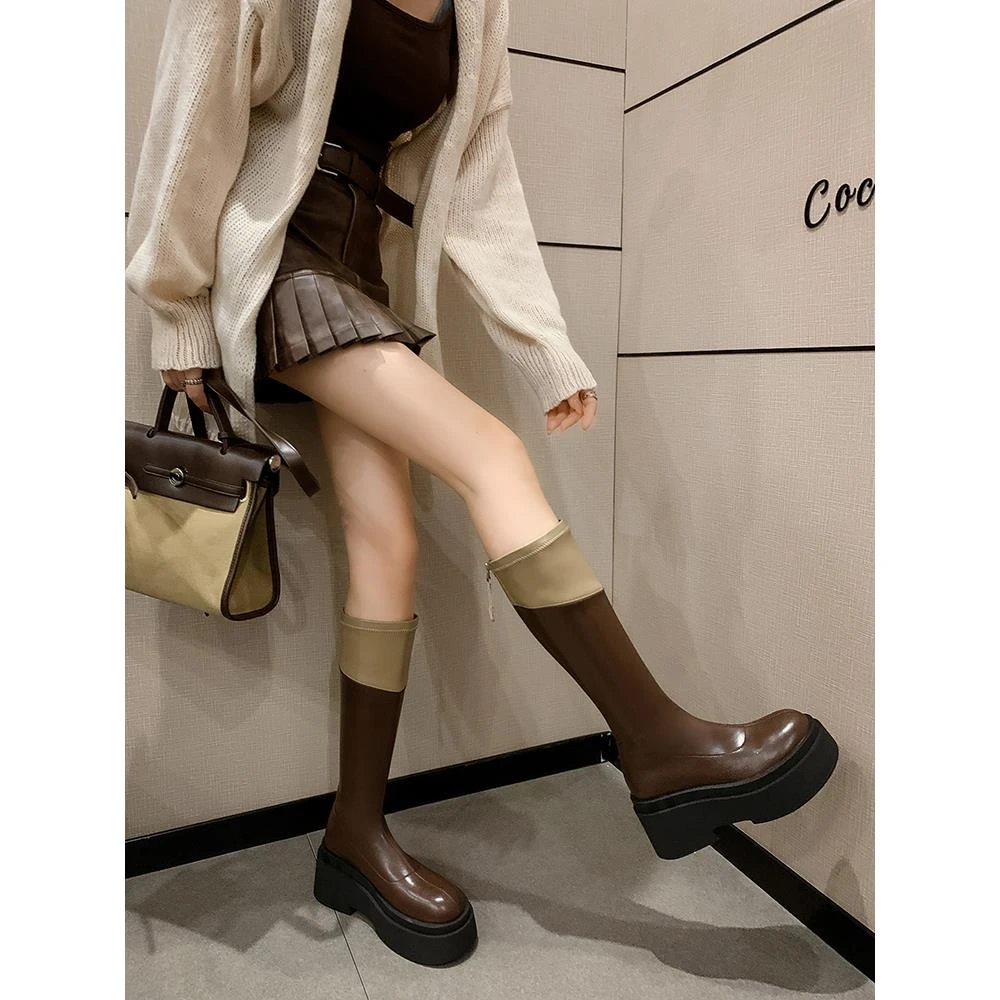 五洋专卖店拼色厚底骑士靴女2025秋冬新款胖mm长靴大筒围长筒靴潮