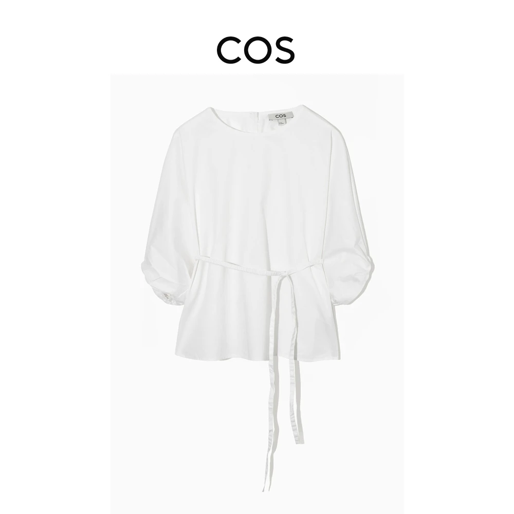 COS女装 标准版型圆领系带泡泡袖上衣白色简约衬衫夏季1135971003