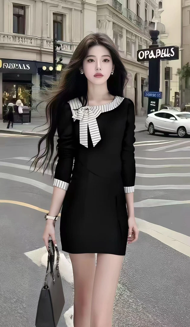 轻奢新款时尚小清新气质显瘦黑色条纹拼接长袖修身收腰包臀连衣裙