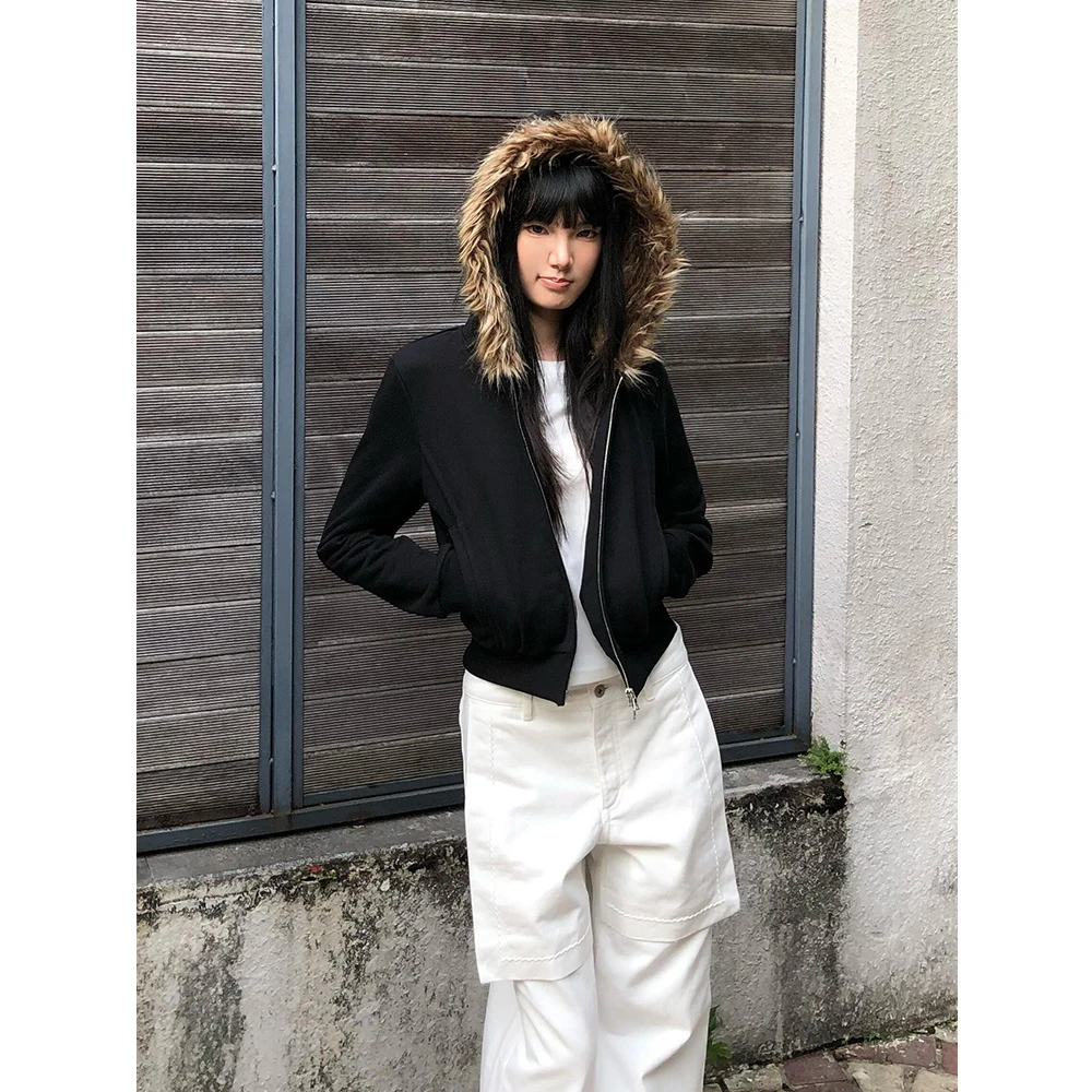 美式复古毛领卫衣女修身显瘦辣妹短款外套设计感小众连帽开衫上衣