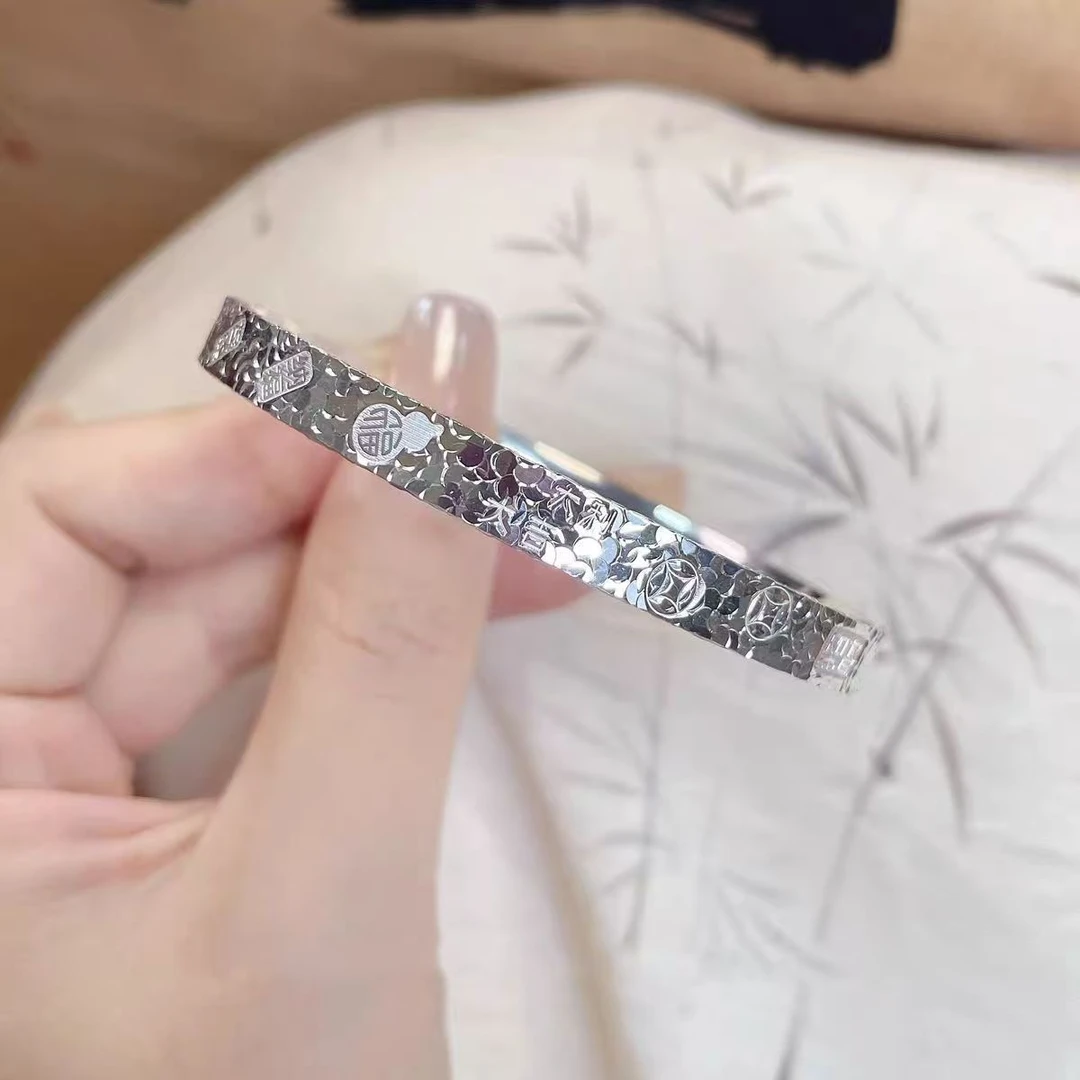 足银手镯 足银999碎冰冰手镯女爆闪CNC工艺吉言时尚闭口纯银手环