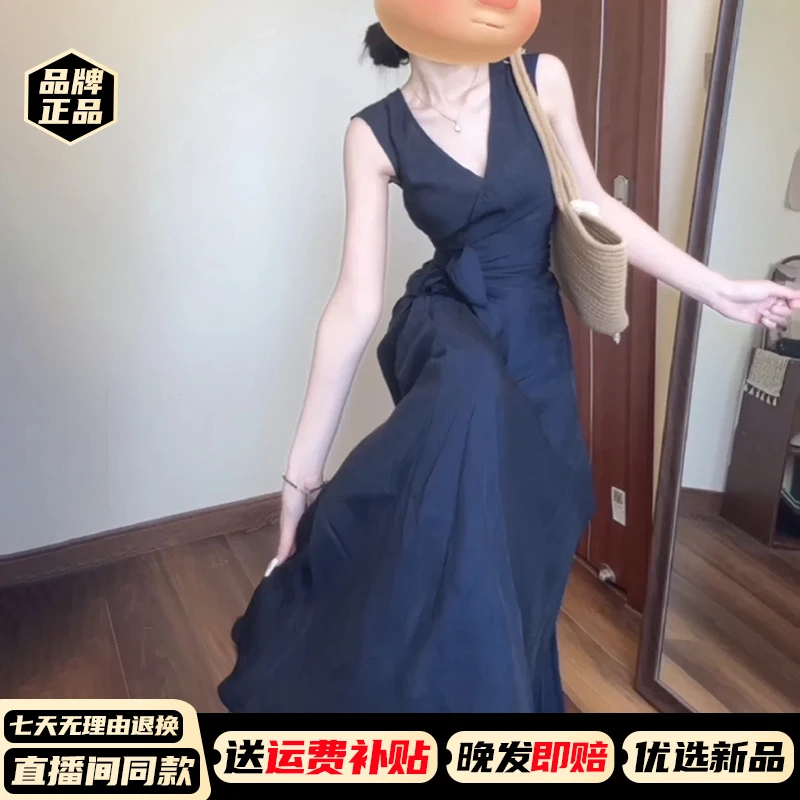 藏蓝色无袖连衣裙子女夏季2025新款高级女装网红气场强大女装长裙