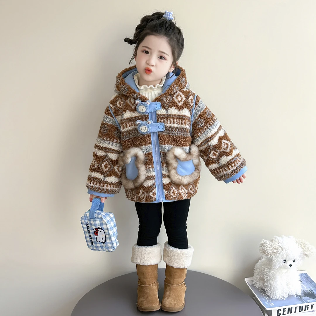 女童夹棉外套秋冬季2025新款儿童洋气连帽上衣时尚女孩加厚毛毛衣
