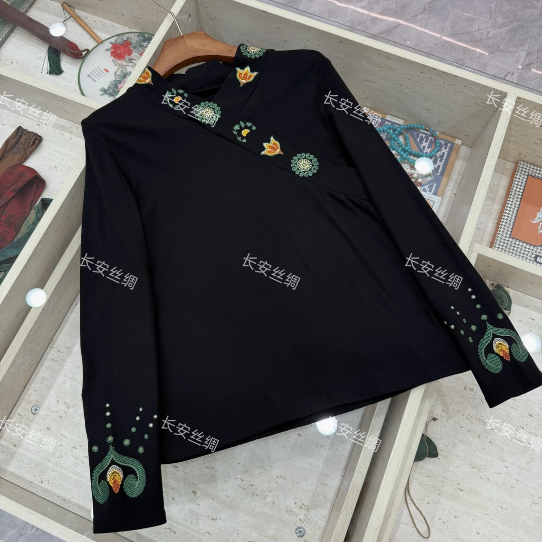 【长安】中式复古国风加绒加厚刺绣修身打底衫上衣女FY4111901