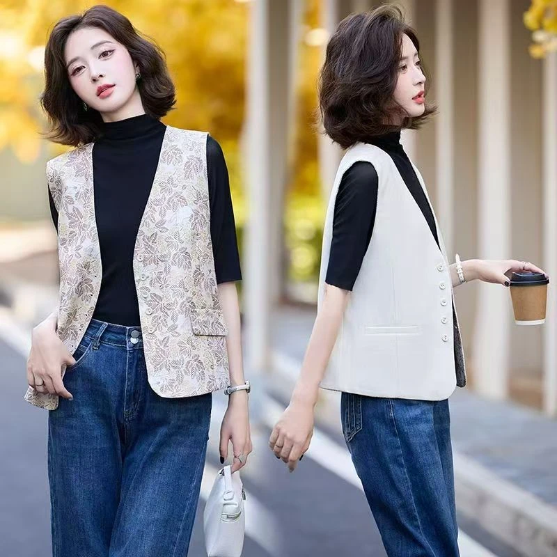 提花秋季V领女街头风斜肩款马夹时尚外穿马甲外搭百搭气质洋气