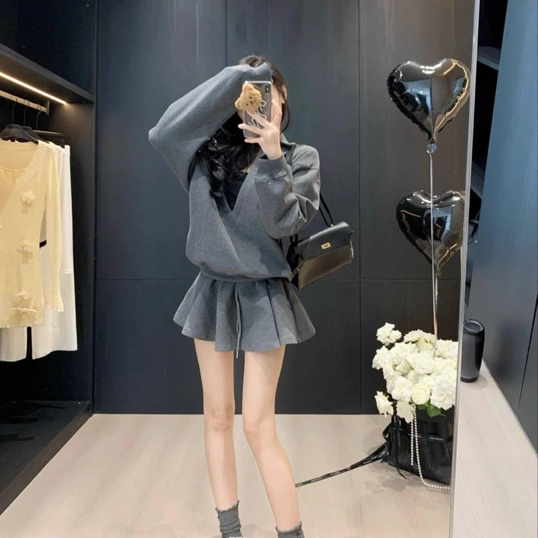 美式复古套装女春秋季新款时尚宽松卫衣高腰百褶半身裙显瘦两件套