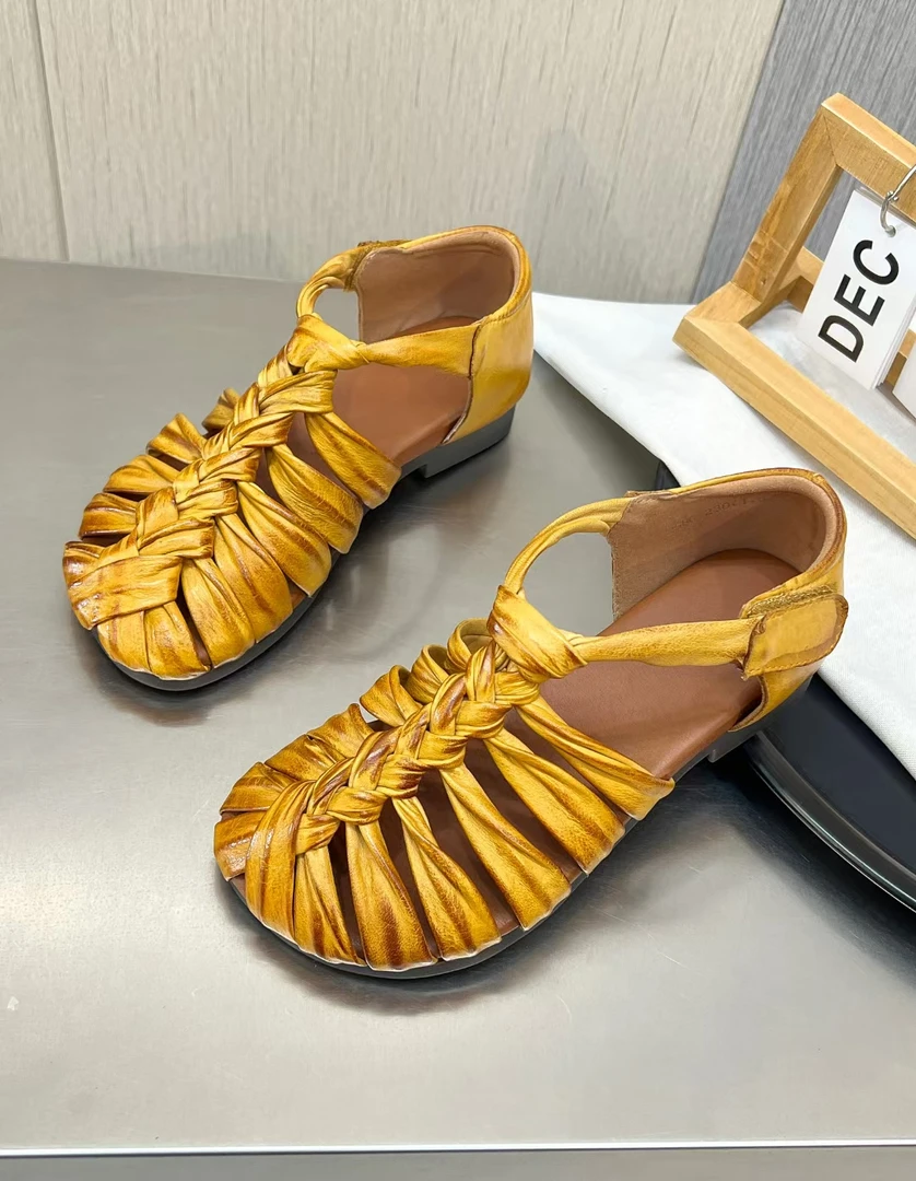 头层牛皮包头凉鞋女软皮软底妈妈鞋镂空编织罗马鞋高级感猪笼鞋