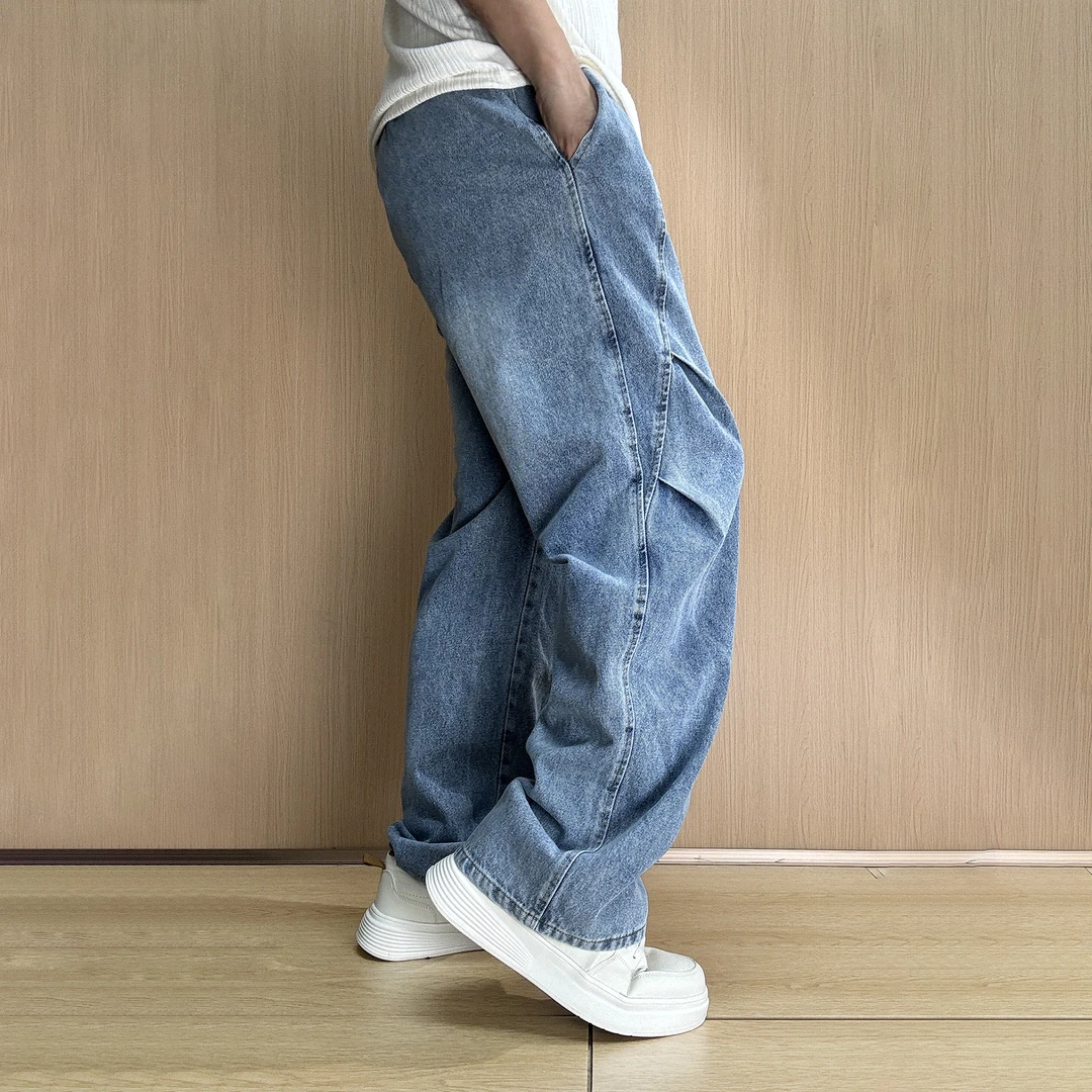 美式复古阔腿弯刀牛仔裤男生宽松直筒cleanfit廓形香蕉拖地长裤潮