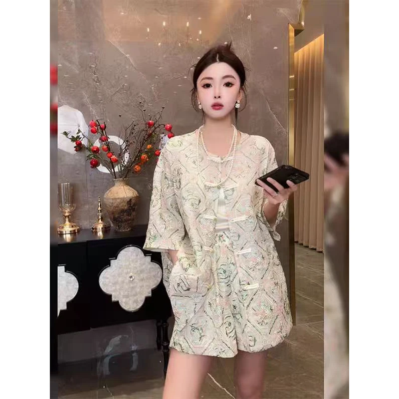 新中式国风套装女宽松刺绣盘扣外套短裤两件套2025夏季新款高级感