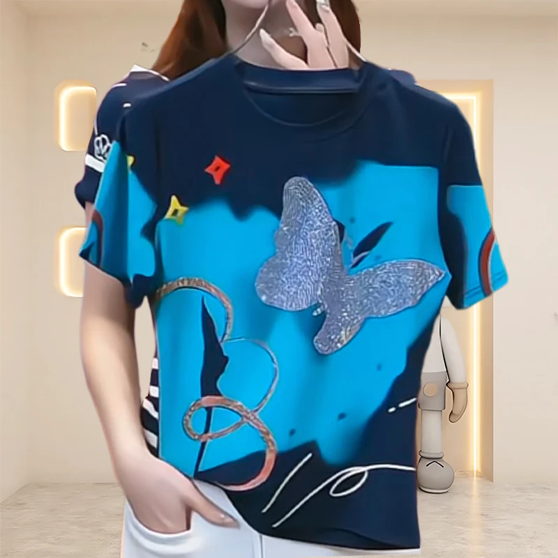 2025夏季撞色印花短袖t恤女夏季新款设计感小众炸街高级感女装