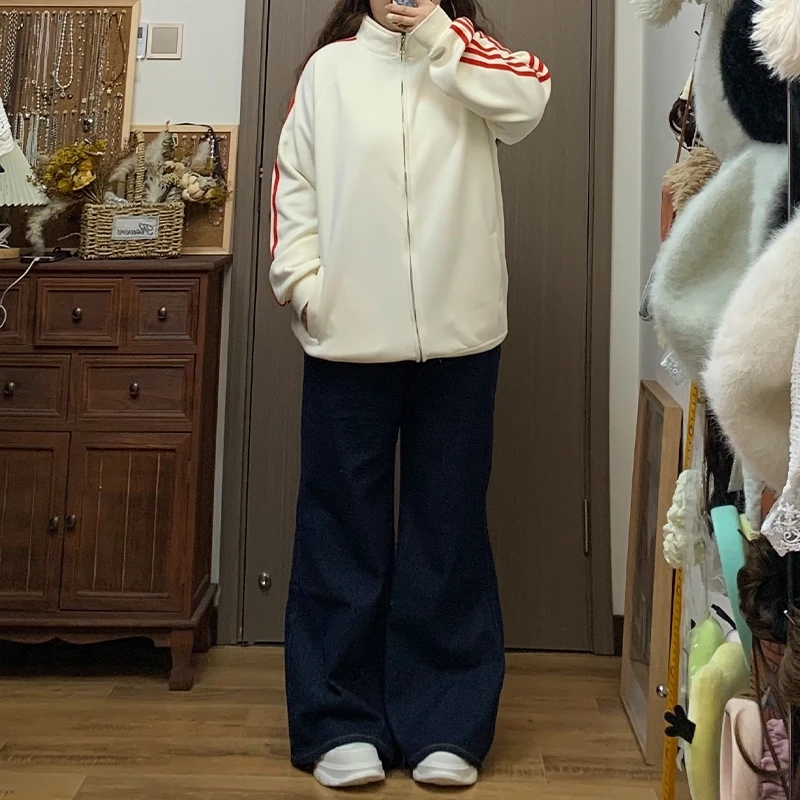 时尚宽松美式三道杠立领卫衣春秋季长袖加绒加厚新款潮流大版外套