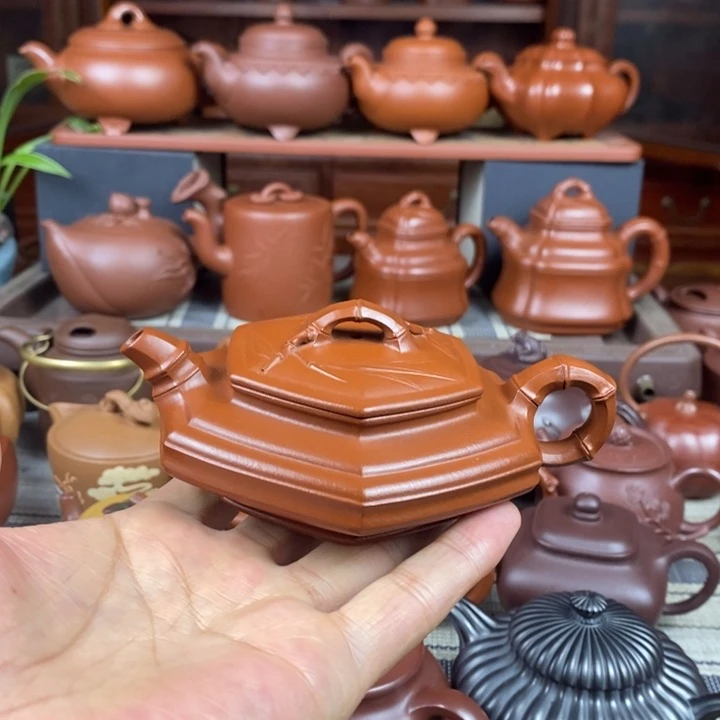 茶壶紫砂六方扁竹150cc原矿赵庄朱泥特价