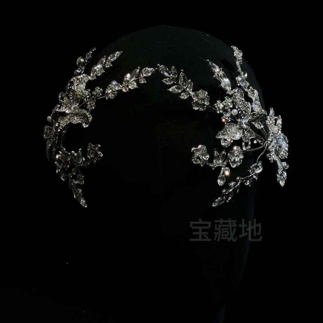 T7114新款超闪重工树叶边夹新娘主纱皇冠边夹