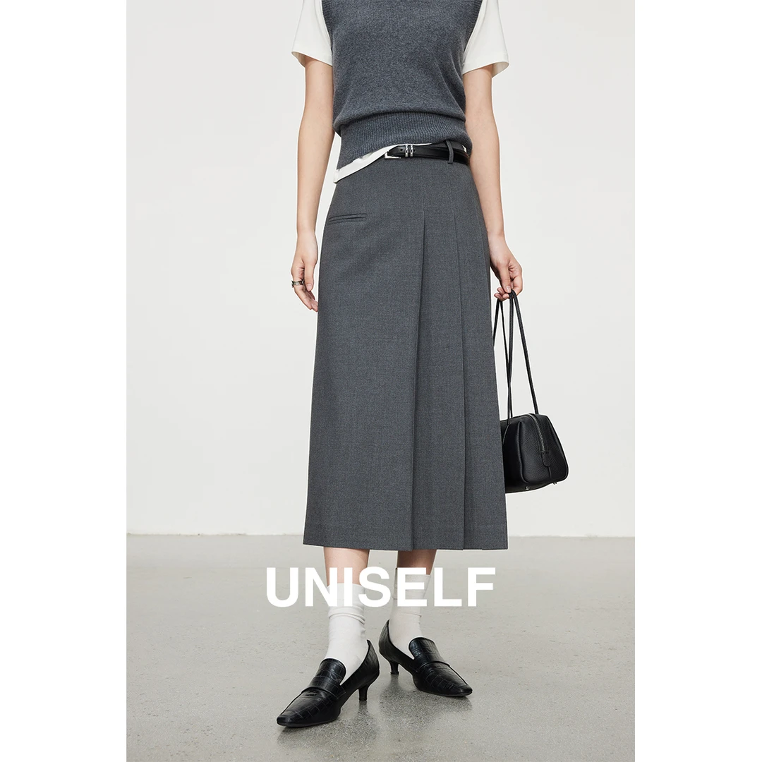 UNISELF经典复古单边百褶半身裙秋冬新款设计感直筒a字裙100691