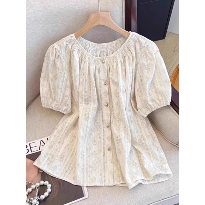 设计感法式复古碎花泡泡袖短袖衬衫微胖妹妹洋气减龄娃娃衫上衣女