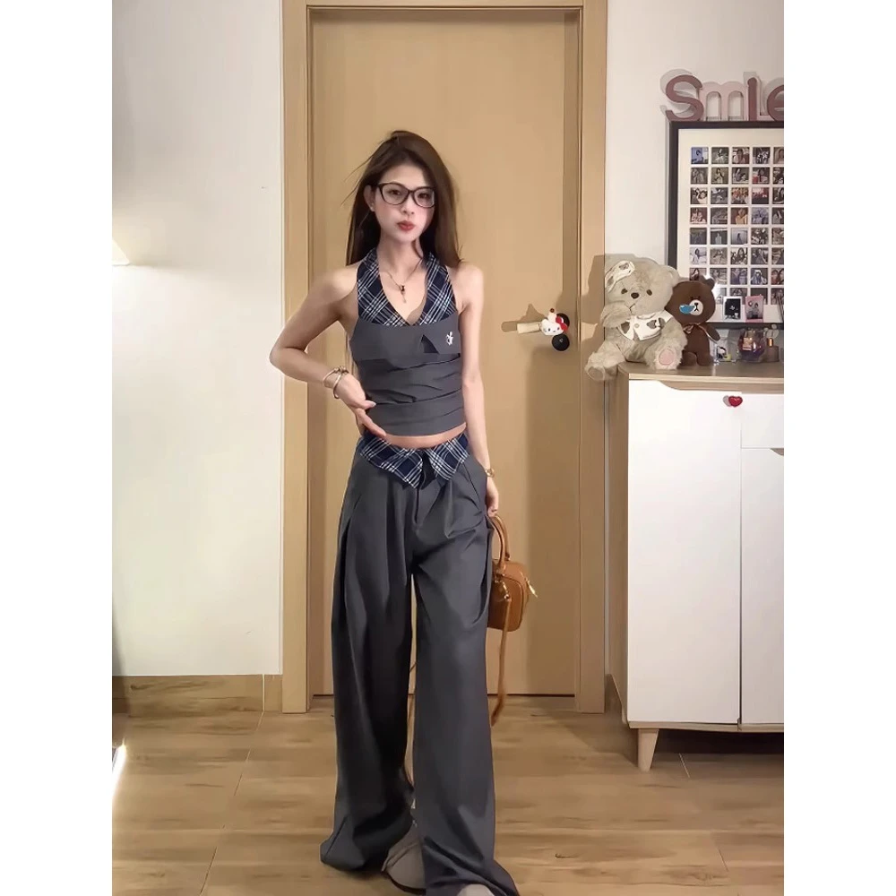 美式复古格子假两件设计小众无袖上衣拼接挂脖吊带背心通勤阔腿裤