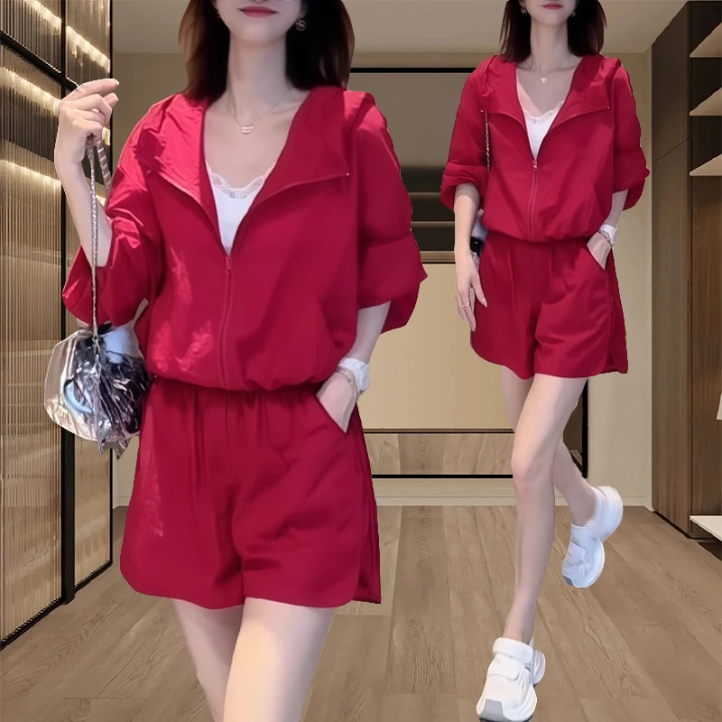韩系休闲运动休闲通勤套装女2025新款夏季连帽防晒衣外套阔腿短裤