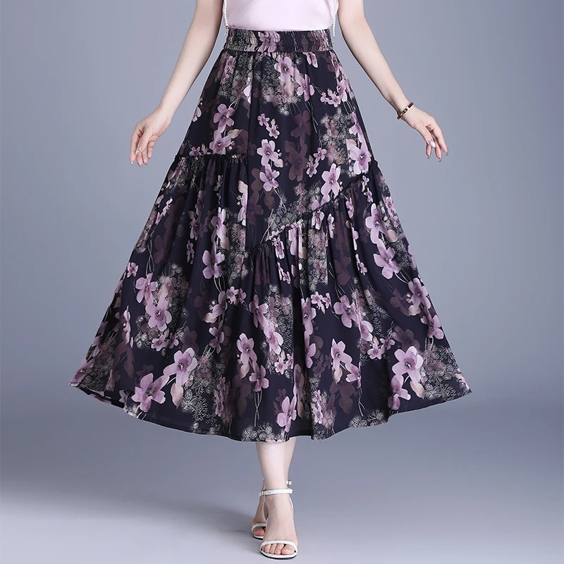 粉色碎花半身裙2025夏季新款高腰雪纺大摆裙遮胯中长款显瘦a字裙