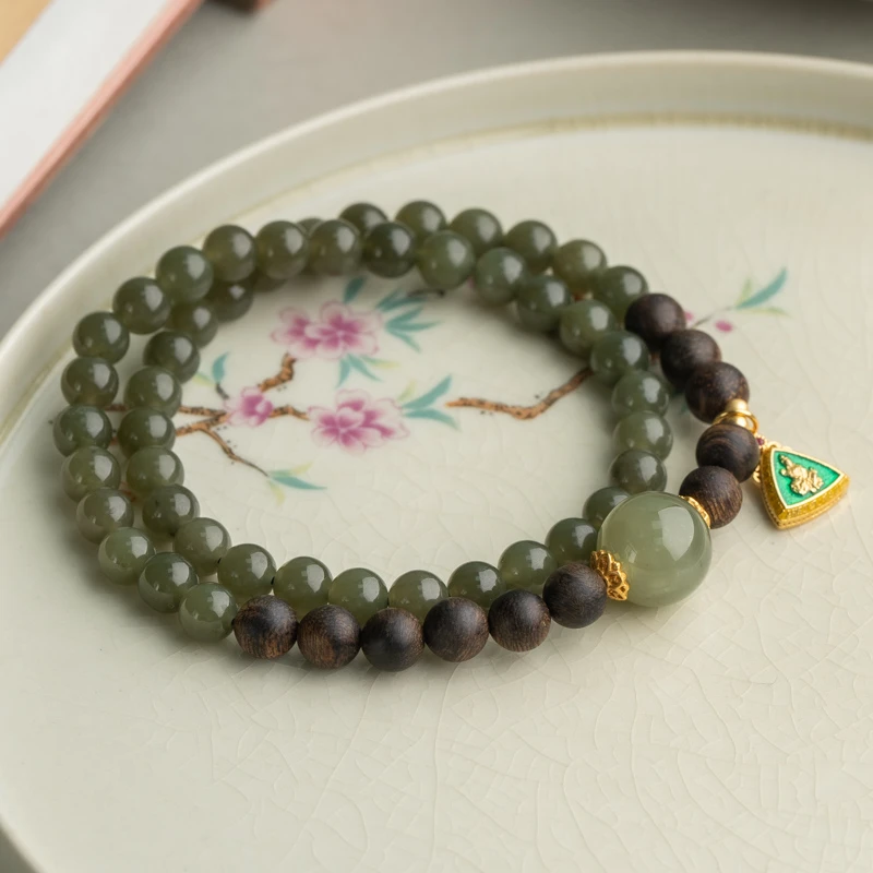达拉干沉香6mm和田玉湖水绿双圈手串