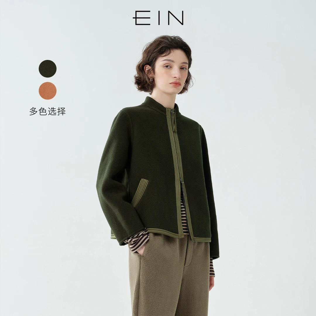 EIN/言山系风绵羊毛立绒双拉链撞色拼接短外套女2025早秋新款