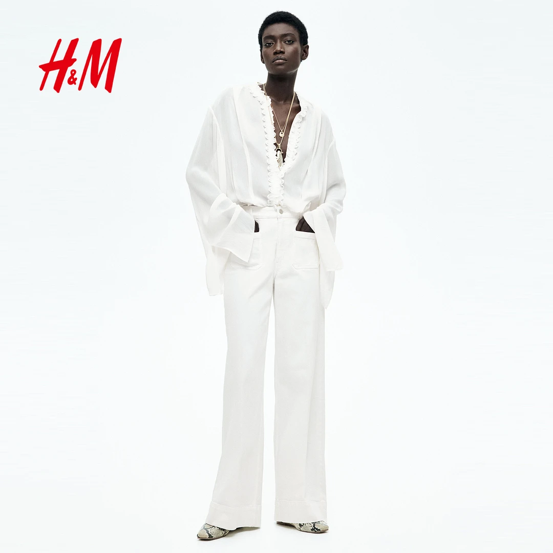 HM女装牛仔裤2025夏季新款流光风直筒垂感阔腿丹宁长裤1261750