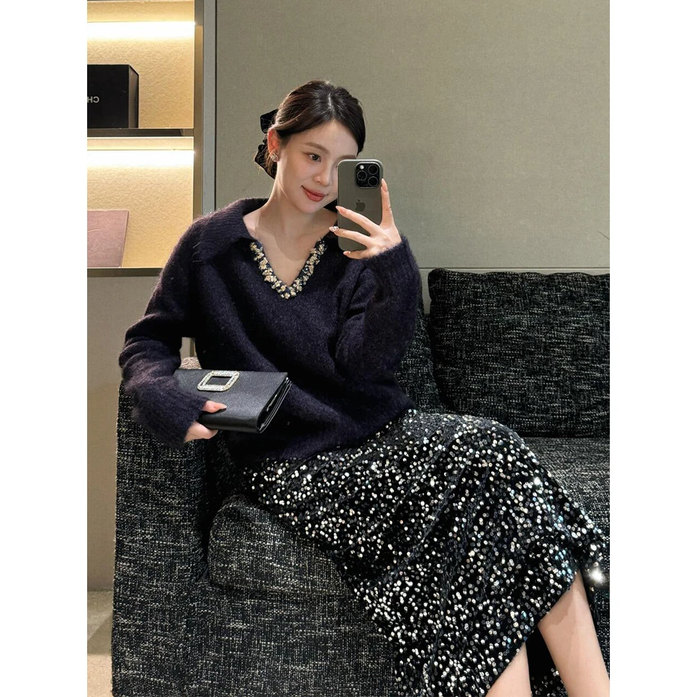 高级感气质针织衫女秋冬款翻领百搭复古时尚显瘦毛衣长袖洋气上衣