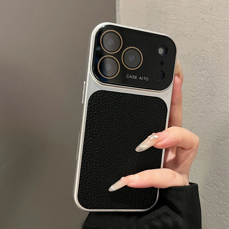 荔枝纹电镀自带镜头膜适用于苹果17pro手机壳网红同款ins轻奢高端