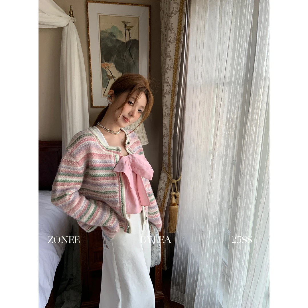 ZONEE 本命彩虹色 法式原创设计时髦感早春彩虹色针织长袖外套女