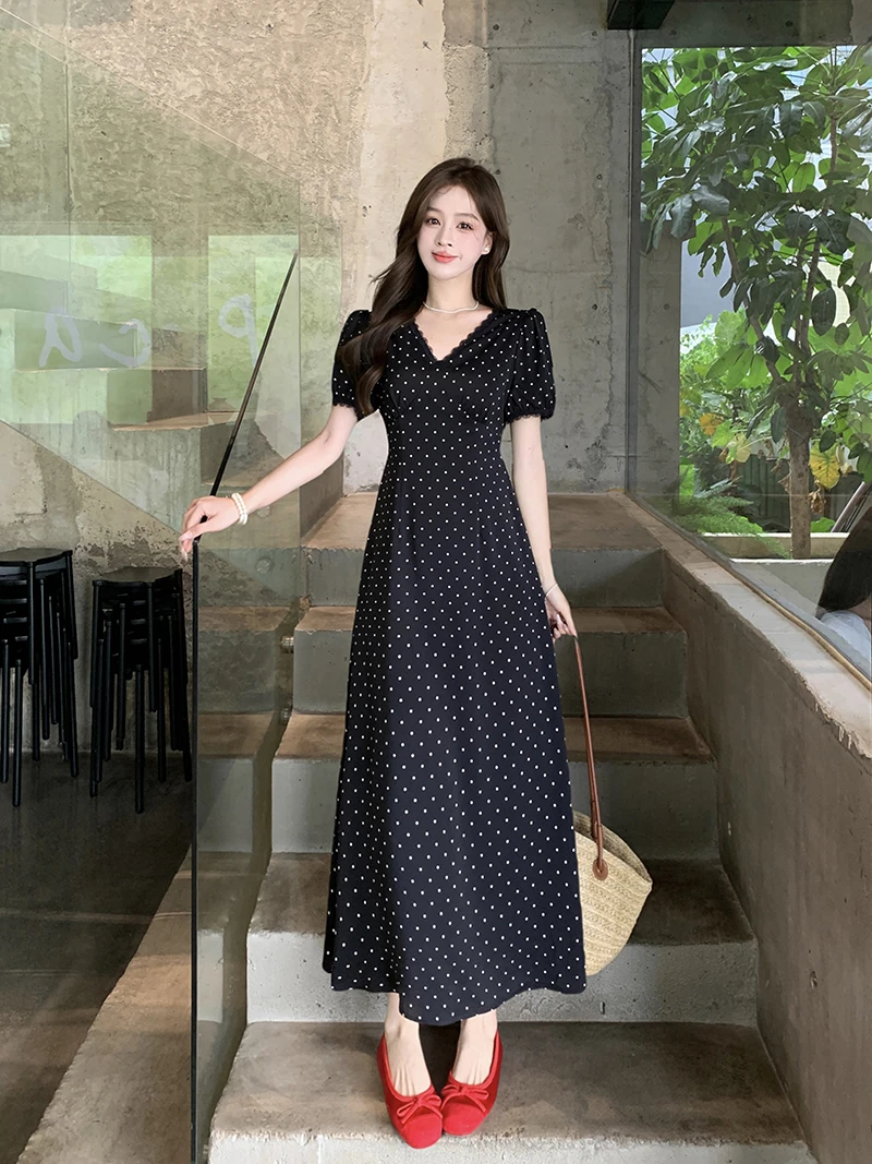 2025夏装新款胖mm大码女优雅蕾丝花边泡泡袖波点收腰连衣裙22211