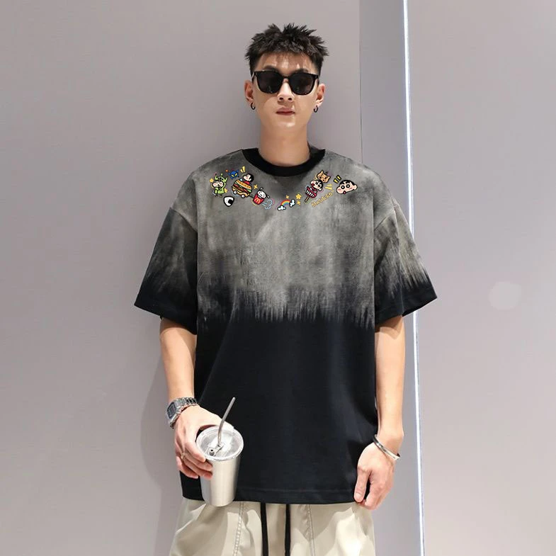 特大码300斤港风青少年渐变纯棉半袖卡通印花短袖T恤男装夏季上衣