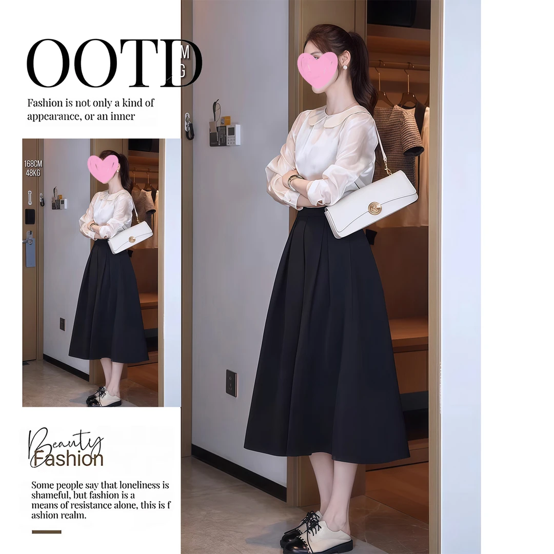 高级名媛风上衣高智风气质长袖衬衫赫本风百褶裙别致中长裙两件套