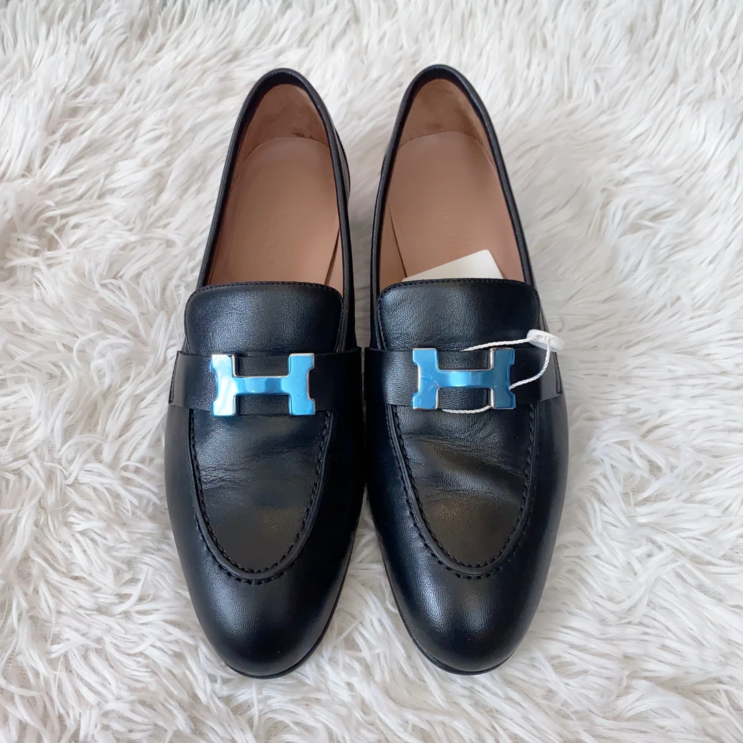 95新 Hermes/爱马仕 H扣皮鞋黑色37码/250331LZHGD03