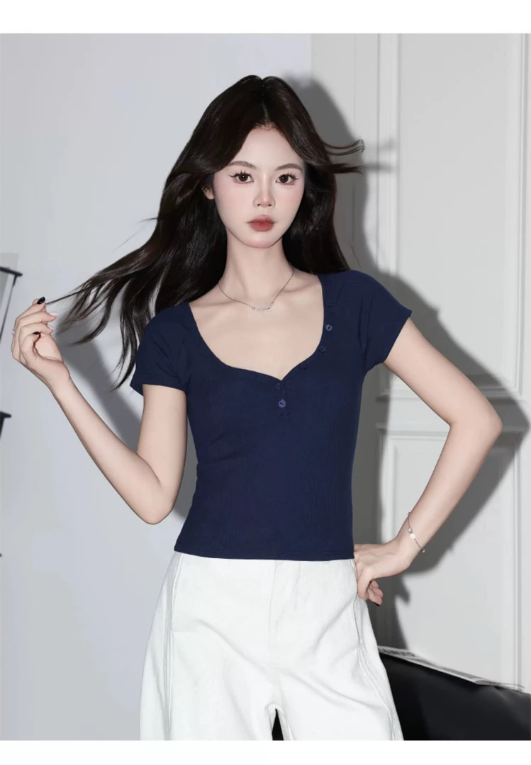 纯欲高街风收腰短袖女夏季流行桃心领纽扣纯棉正肩上衣显身材T恤