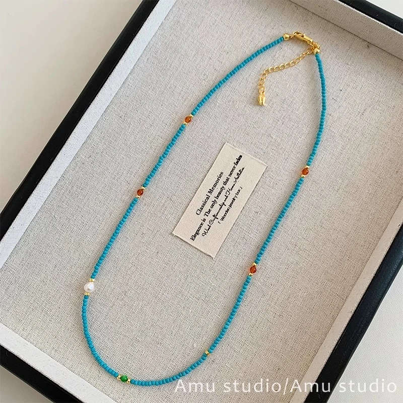 铜合金项链 极细珍珠蓝色串珠项链女款轻奢高级感小众锁骨链颈链