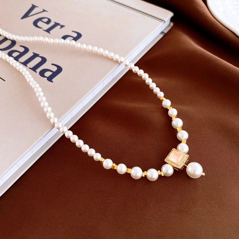 铜合金项链 18k真金电镀仿珍珠方形不规则法式气质时尚锁骨链轻奢