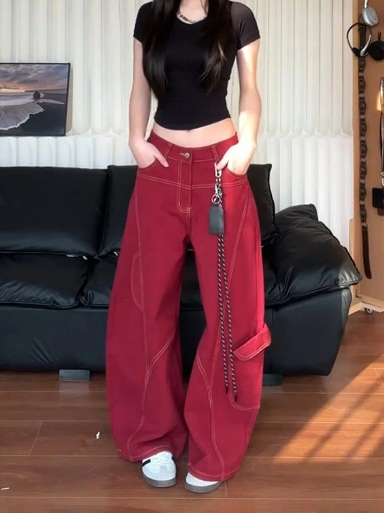 美式复古红色明线工装弯刀牛仔裤女解构设计感阔腿裤宽松镰刀裤子