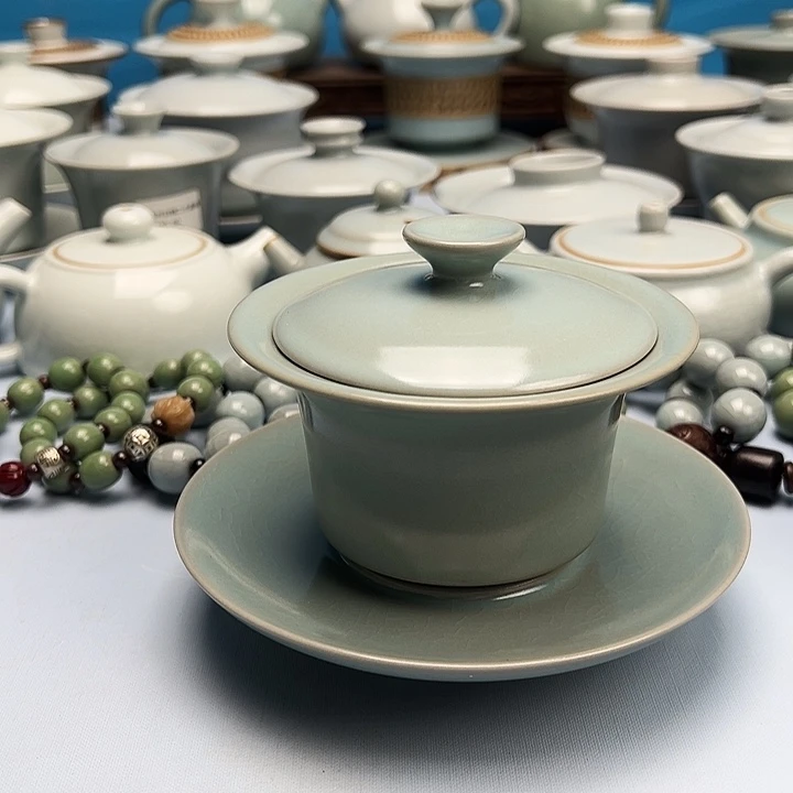 杯仿古微蓝釉马蹄盖碗原矿原釉原产地